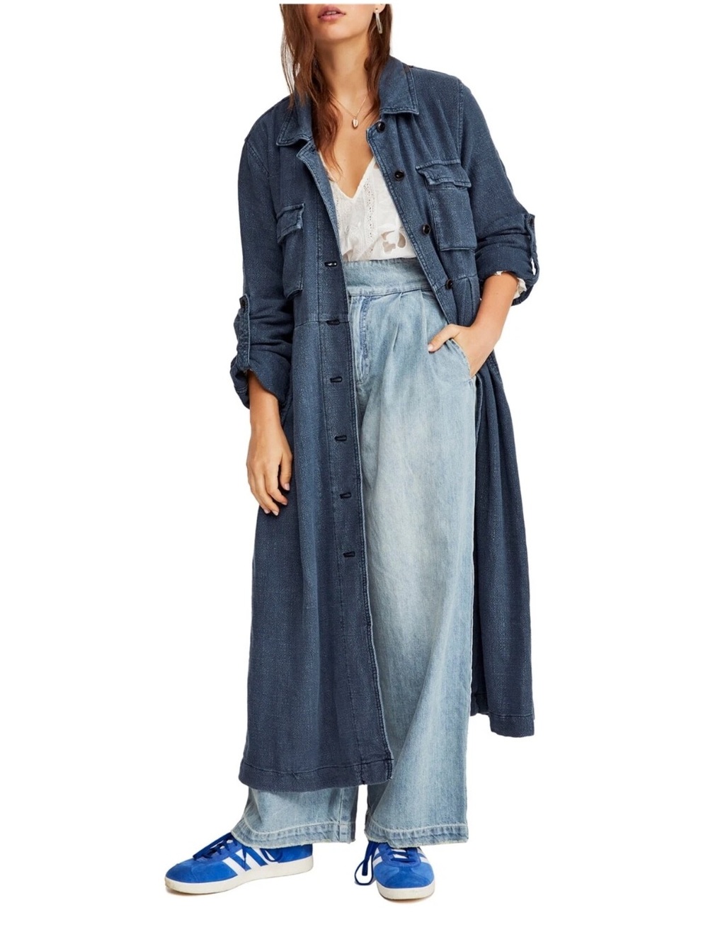 free people rainz linen duster jacket / prairie dress blue XS